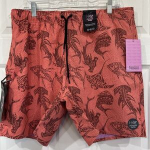 Psycho Tuna Men's XL Swim Trunks Shorts Tribal Fish Print Peach Echo